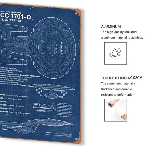 Star Trek Starship USS Enterprise NCC-1701-D 8"x12" Blueprint Metal Tin Sign - Picture 3 of 7